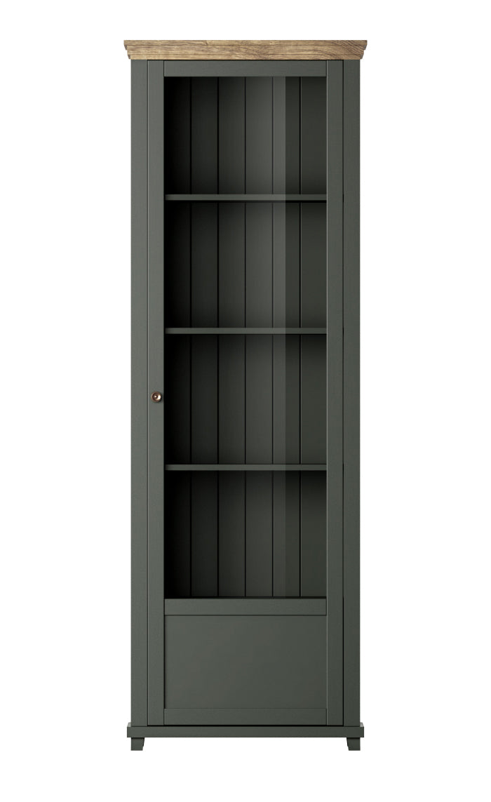 Dark gray display cabinet showing interior shelves behind glass door