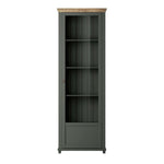 Tall left display cabinet with open shelves behind glass door, dark green, wood-look top