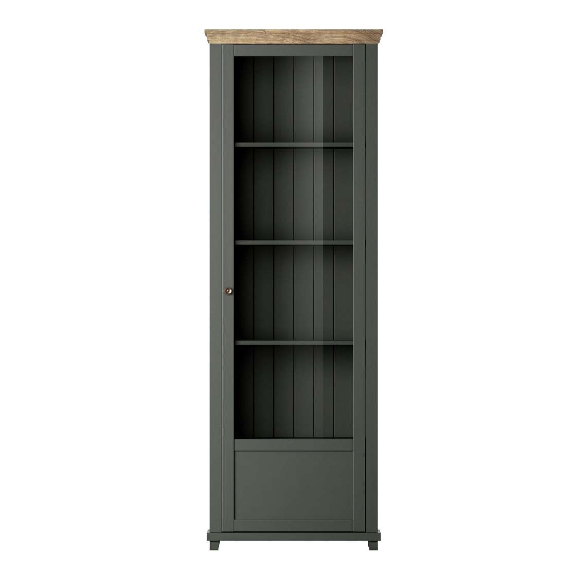 Tall left display cabinet with open shelves behind glass door, dark green, wood-look top