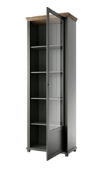 Dark gray display cabinet open door revealing shelves and interior
