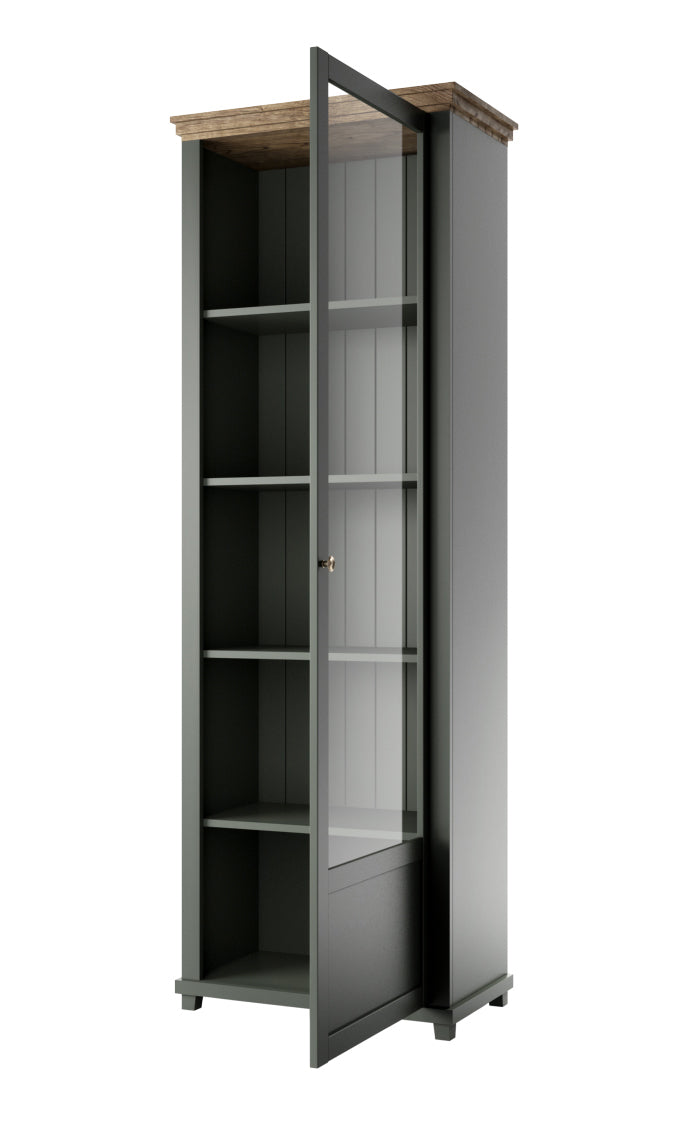 Left display cabinet angled view, glass door open to reveal shelves, dark green top