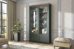 Dark green display cabinet with glass doors and wood top, multiple interior shelves