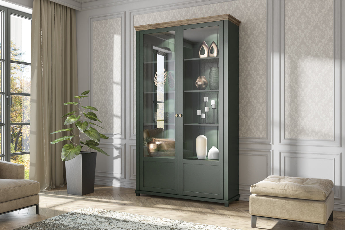 Dark green display cabinet with glass doors and wood top, multiple interior shelves