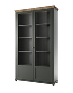 Dark green two-door cabinet with vertical panel doors, open display shelves