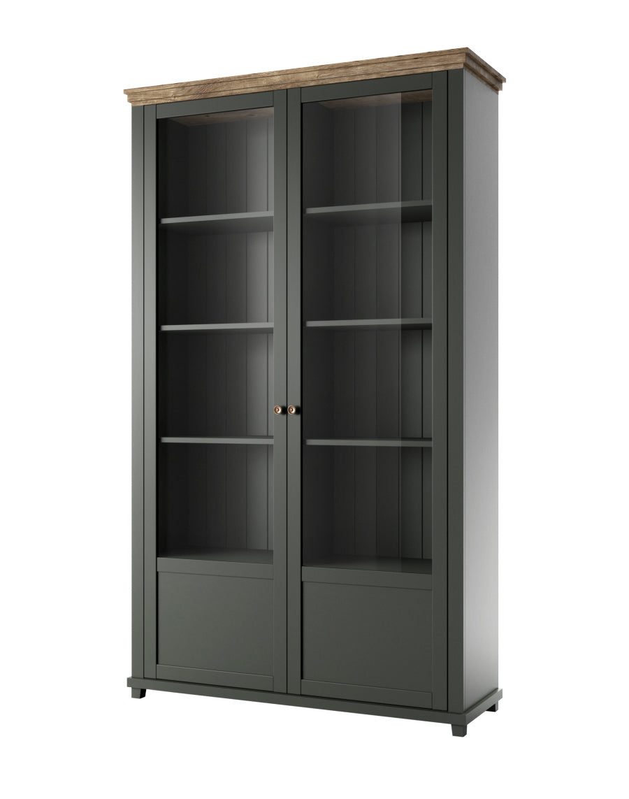 Dark green two-door cabinet with vertical panel doors, open display shelves