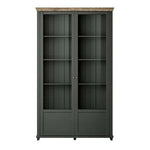 Dark green display cabinet with open double doors and grid of interior shelves