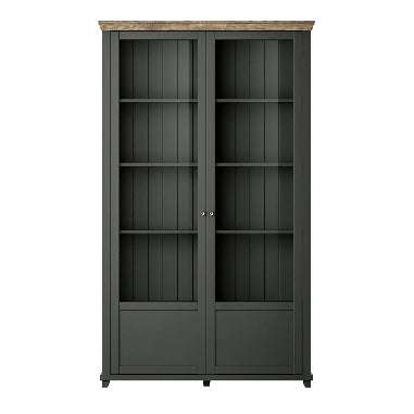 Dark green display cabinet with open double doors and grid of interior shelves