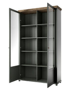 Dark green open display cabinet showing empty interior shelves behind glass