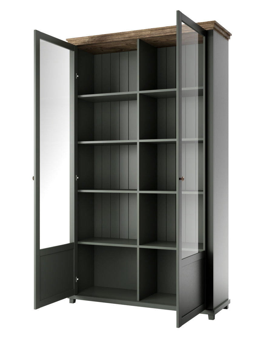 Dark green open display cabinet showing empty interior shelves behind glass
