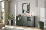 Dark green sideboard with wood top, two glass doors, and four drawers