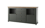 Dark green sideboard with wood top, two-door cabinets, and four drawer fronts