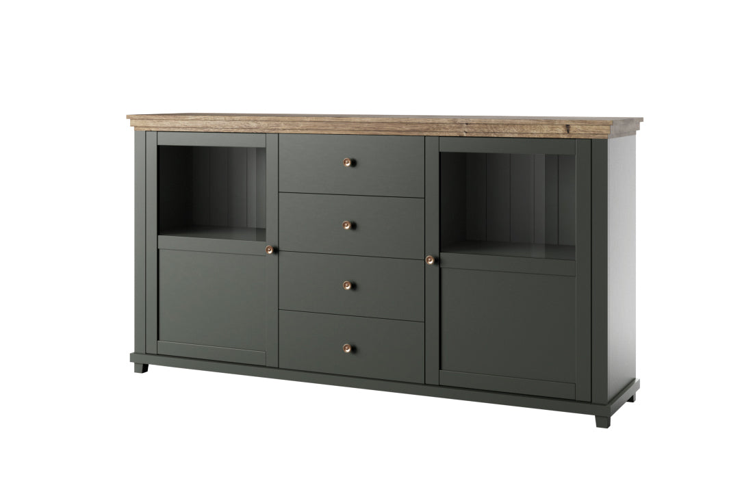 Dark green sideboard with wood top, two-door cabinets, and four drawer fronts