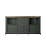 Dark green sideboard with wood top, two cabinets with shelves, and three center drawers