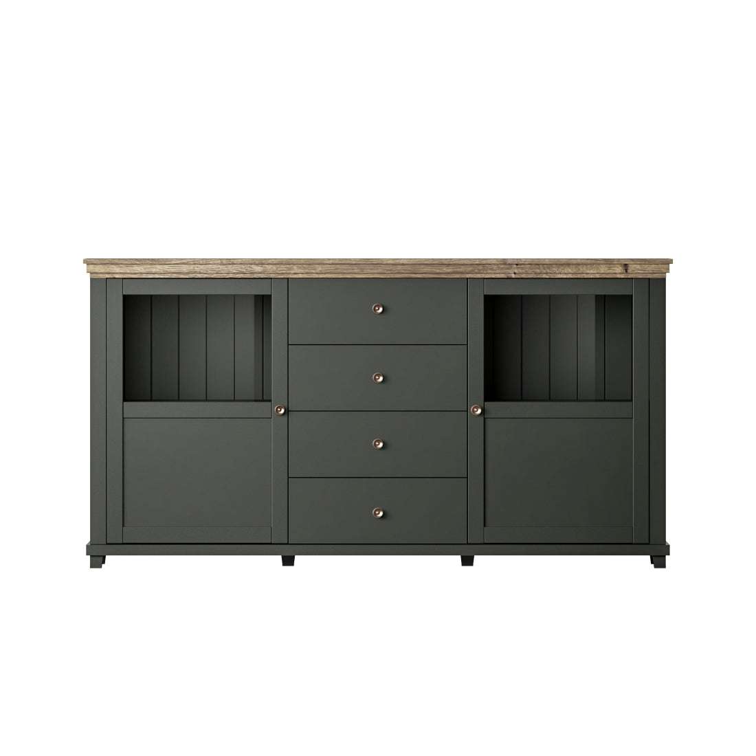 Dark green sideboard with wood top, two cabinets with shelves, and three center drawers