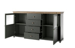 Dark green sideboard interior with open doors, shelves, and four drawers