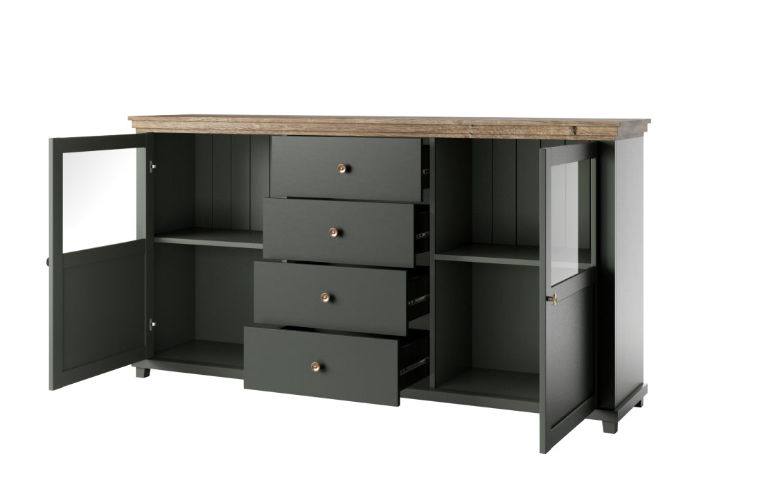 Dark green sideboard interior with open doors, shelves, and four drawers