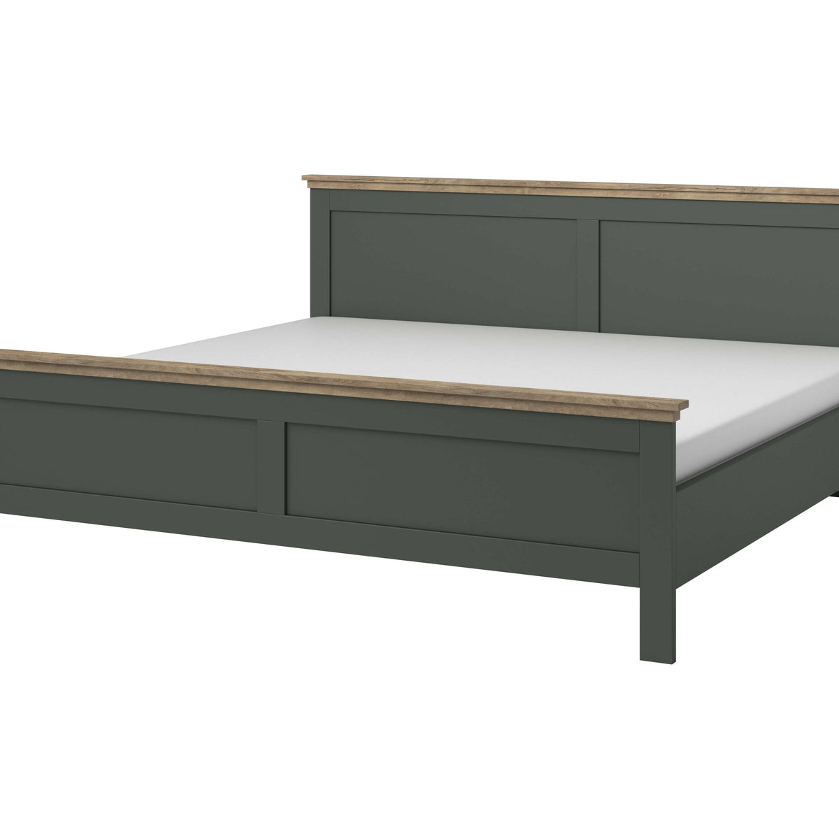 Dark teal bed frame side view with paneled headboard and low footboard