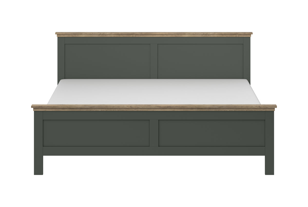 Dark teal bed frame with paneled headboard, low footboard, and front drawers