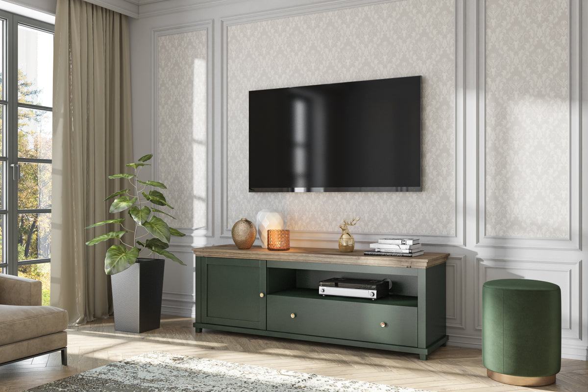 Dark green TV cabinet with two doors, two drawers, open center shelf, rustic wood top