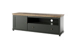Dark green TV cabinet with side door and two-drawer console, rustic wood top