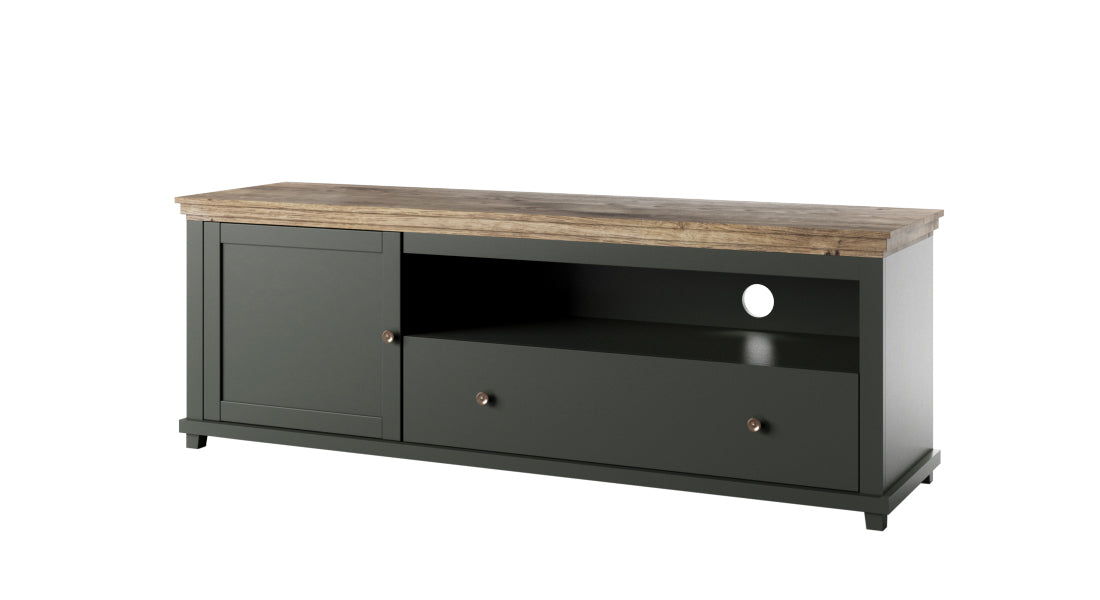 Dark green TV cabinet with side door and two-drawer console, rustic wood top