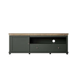Dark green TV cabinet with open shelf, single door, two drawers, rustic wood top