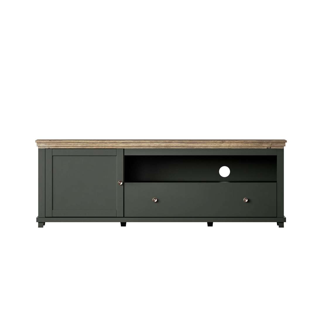 Dark green TV cabinet with open shelf, single door, two drawers, rustic wood top