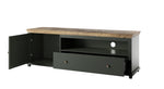 Dark green TV cabinet with open center shelf and two drawers, rustic wood top