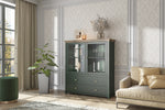 Short display cabinet with two glass doors, dark green finish, and wood top.