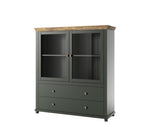 Short display cabinet with two glass doors, dark green body, wood-effect top.