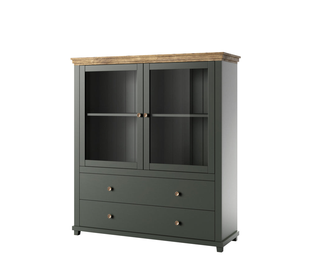 Short display cabinet with two glass doors, dark green body, wood-effect top.
