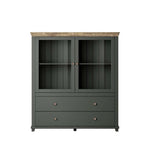 Short display cabinet front with two glass doors and two drawers, dark green.