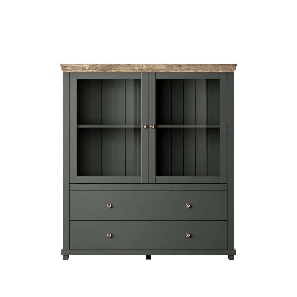 Short display cabinet front with two glass doors and two drawers, dark green.