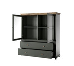 Short display cabinet with open side doors, glass shelves, and two dark green drawers.