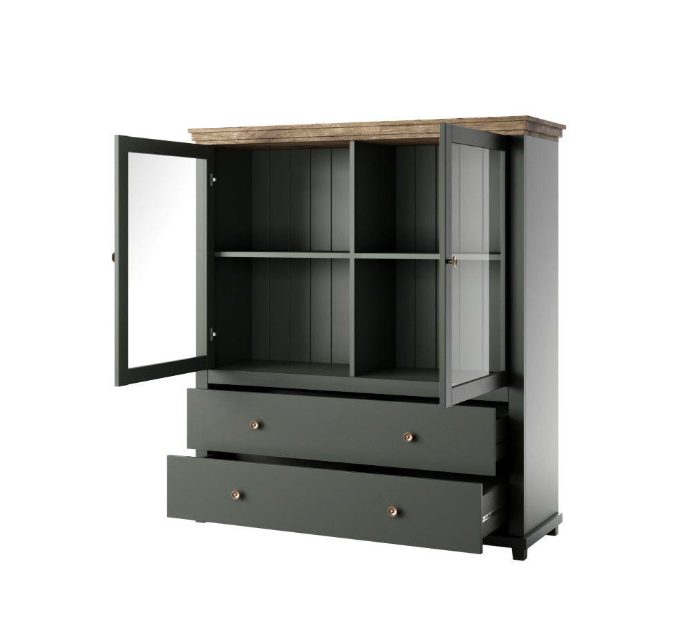 Short display cabinet with open side doors, glass shelves, and two dark green drawers.