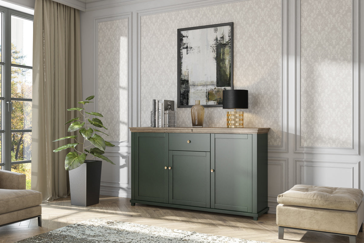 Dark green sideboard with 3 doors, 1 drawer, and wood top