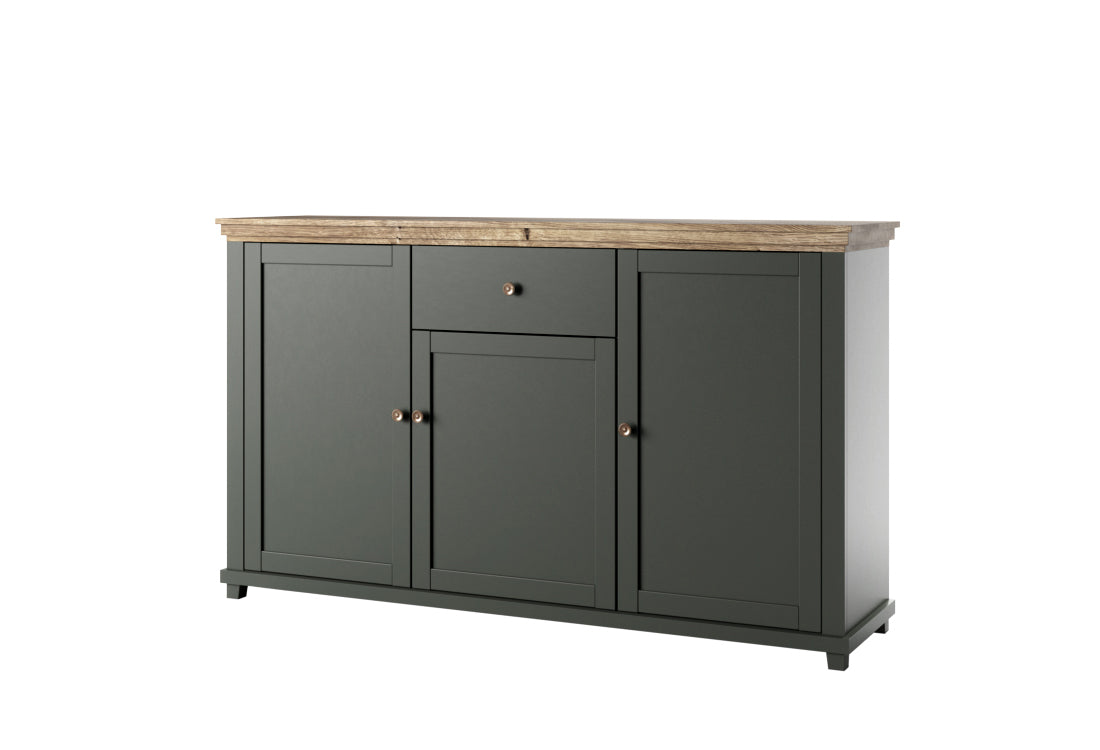 Dark green sideboard with 3 cabinet doors, central drawer, wood top