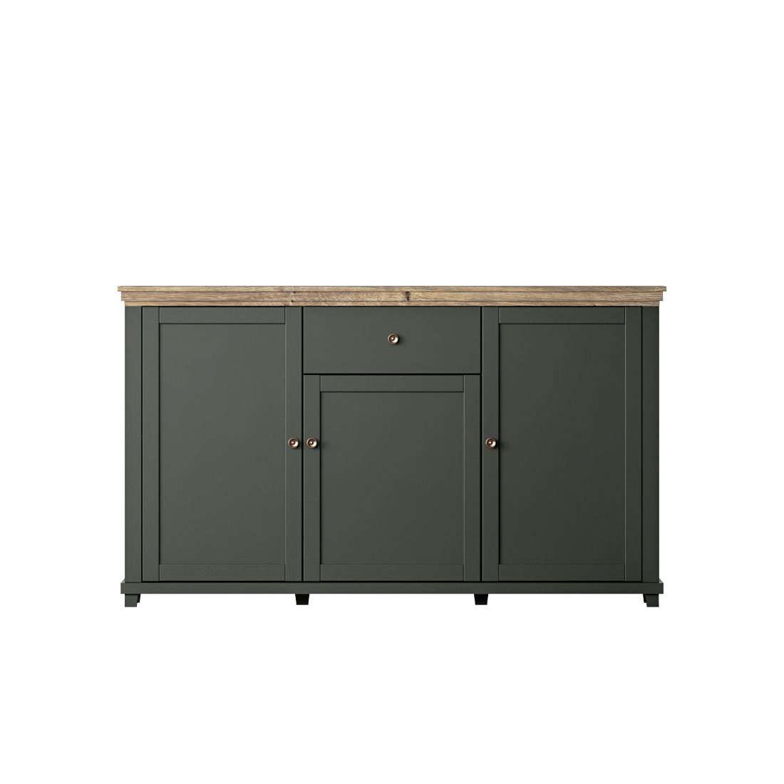 Dark green sideboard with 3 doors and center drawer, wooden top