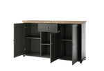 Dark green sideboard with open cabinets and center drawer, wood top