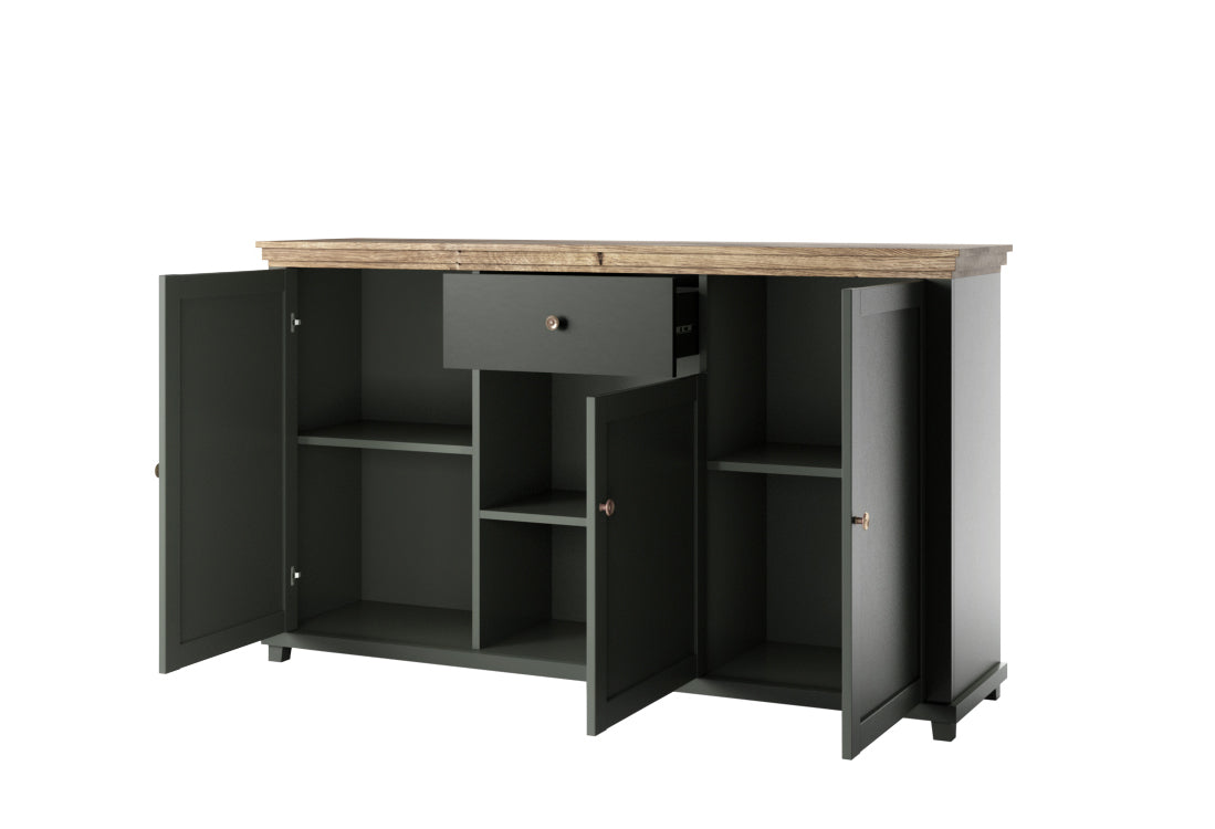 Dark green sideboard with open cabinets and center drawer, wood top