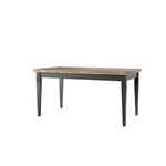 Extendable dining table with rustic wood top and dark green legs, front view.
