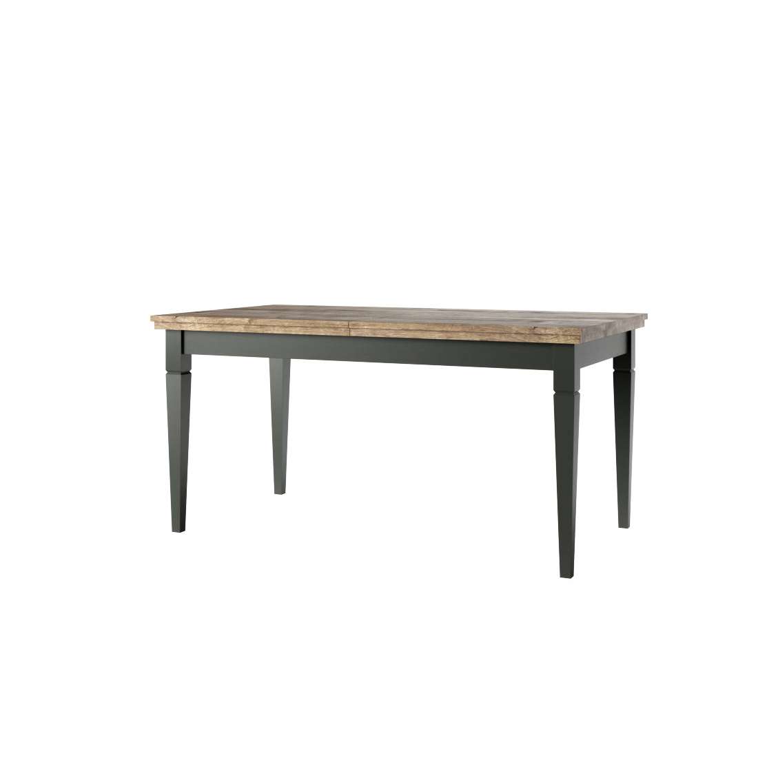Extendable dining table with rustic wood top and dark green legs, front view.