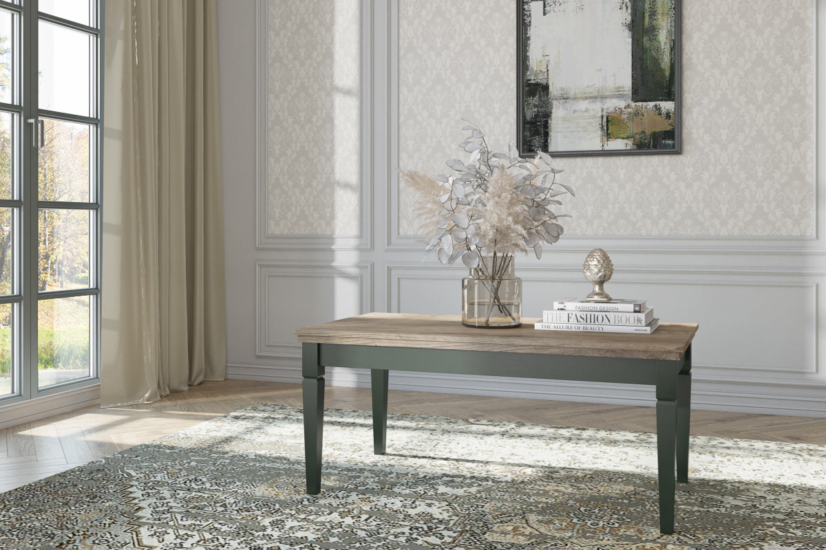 Eve coffee table with rustic wood top and dark green legs