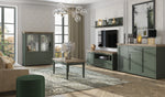 Wall-mounted dark green floating shelf with open center for decor