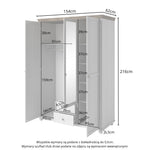 Three-door wardrobe with mirror dimensions layout with measurements shown in cm
