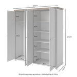 Light gray wardrobe dimensions view with open doors and interior shelving