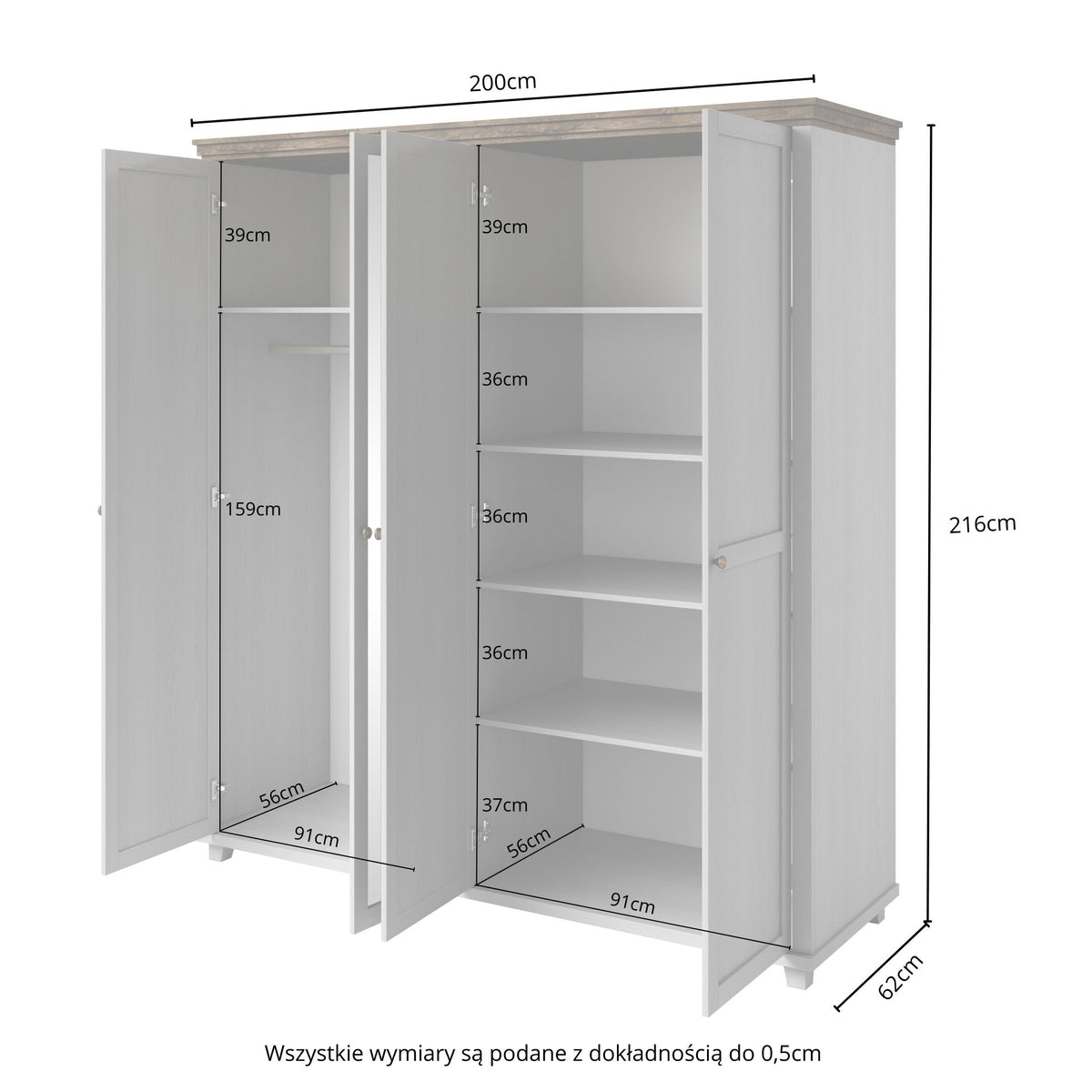 Light gray wardrobe dimensions view with open doors and interior shelving