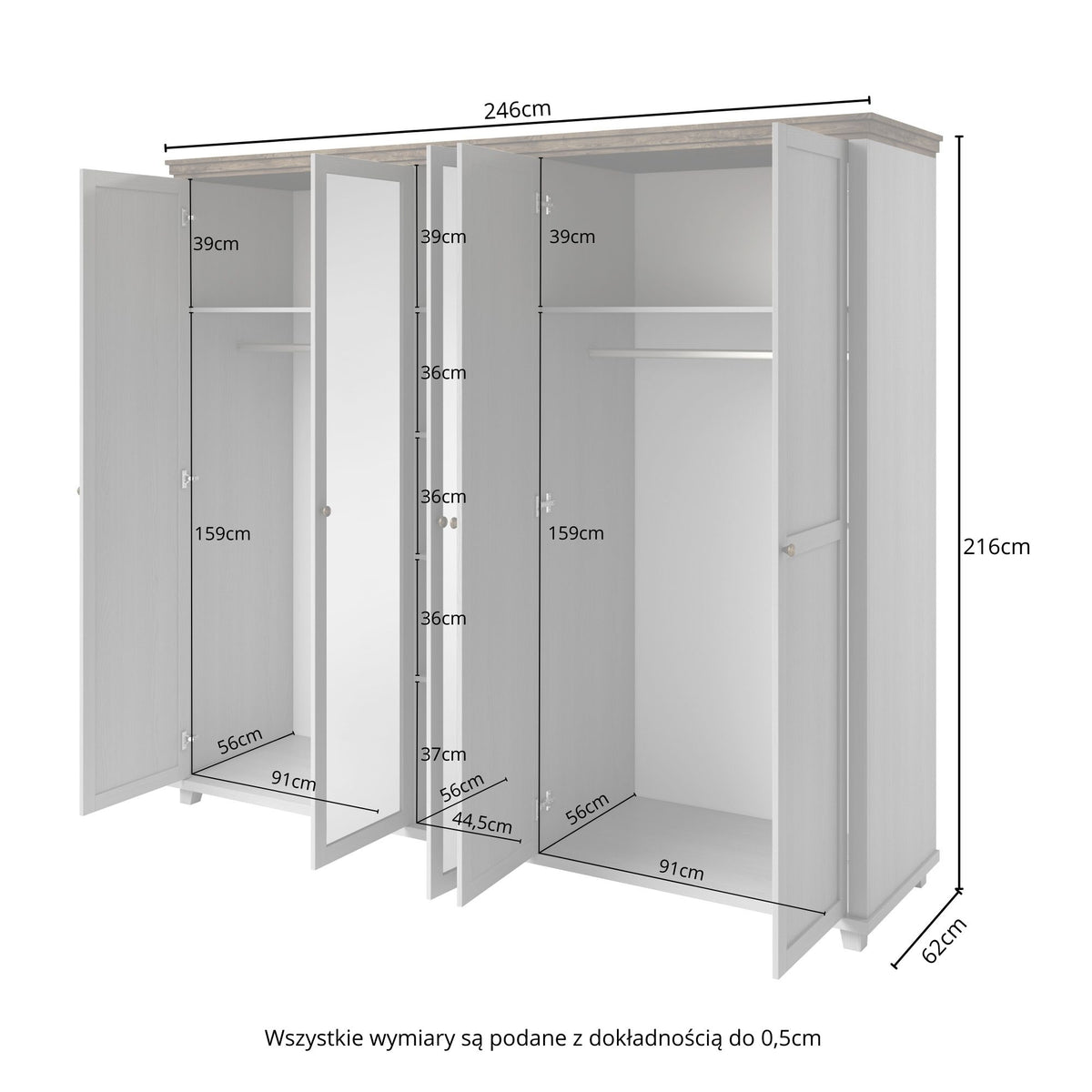 5-door wardrobe dimension diagram, 246cm width and 216cm height