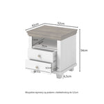 Bedside table dimension chart: 52cm wide, 54cm high; 2 drawers and open shelf