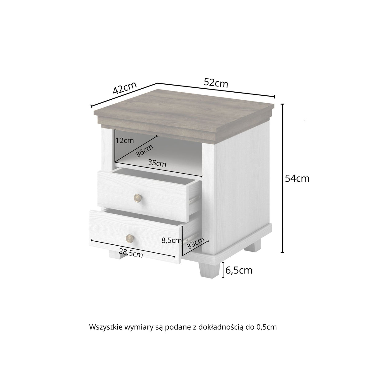 Bedside table dimension chart: 52cm wide, 54cm high; 2 drawers and open shelf
